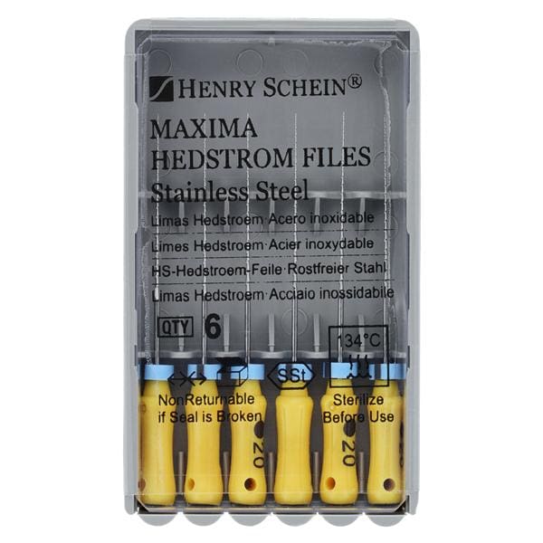 Maxima Hand Hedstrom Files 25 mm Size 20 Stainless Steel Yellow 6/Bx