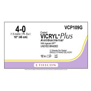 Coated Vicryl Plus Suture 4-0 18" Triclosan/Polyglactin 910 Braid Undyed 12/Bx