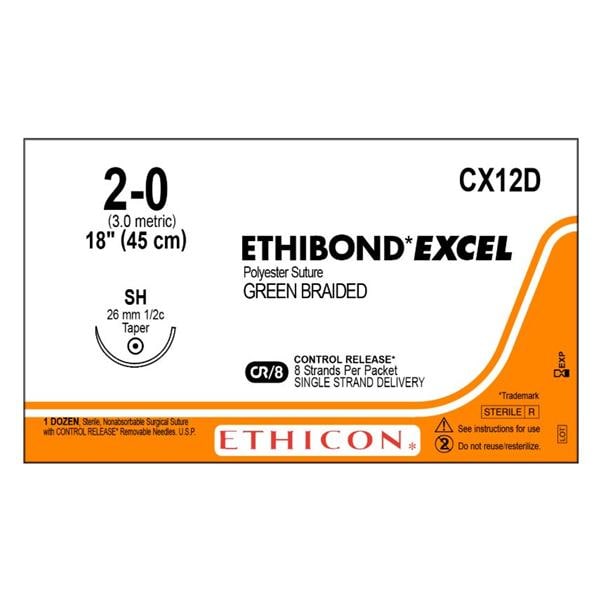 Ethibond Excel Suture 2-0 18" Coated Polyester Braid SH Green 12/Bx