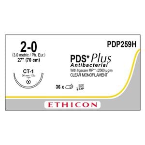 PDS Plus Suture 2-0 27" Triclosan, Polydioxanone Monofilament CT-1 Undyed 36/Bx