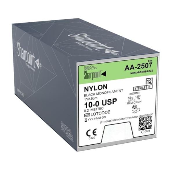 Sharpoint Suture 10-0 1" Nylon Monofilament DRM4 Black 12/Bx