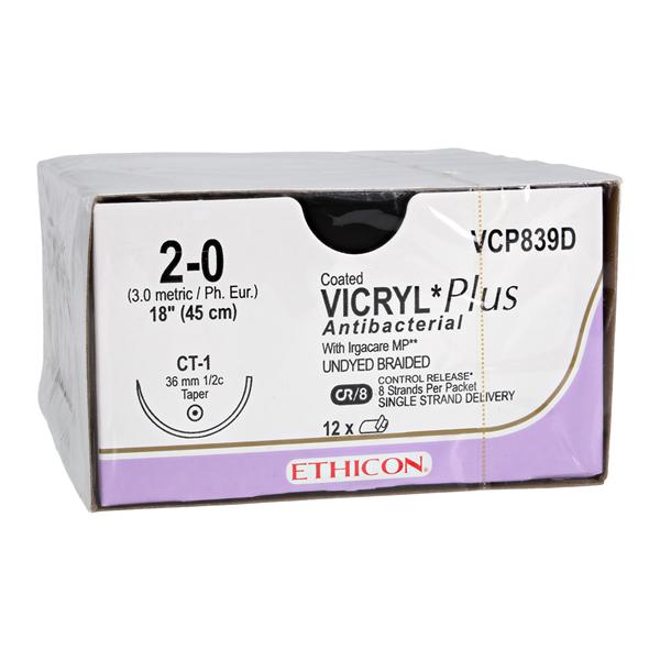 Vicryl Plus Suture 2-0 18" Triclosan/Polyglactin 910 Braid CT-1 Undyed 12/Bx