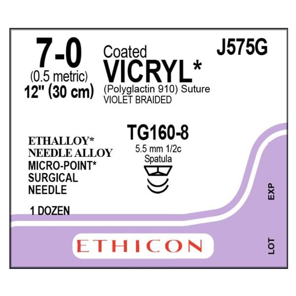 Coated Vicryl Suture 7-0 12" Polyglactin 910 Braid TG160-8/TG160-8 Violet 12/Bx