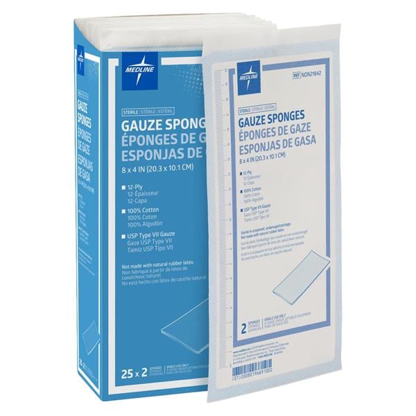 100% Cotton Woven Gauze Sponge 8x4" 12 Ply Sterile USP Type VII LF