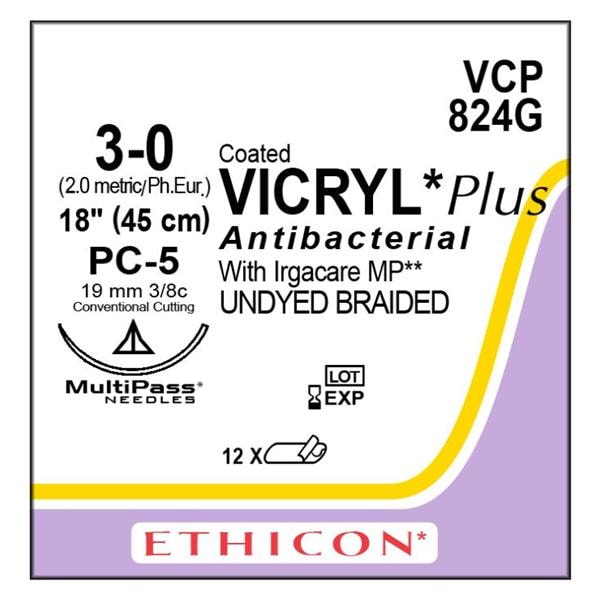 Coated Vicryl Plus Suture 3-0 18" Triclosan/Polyglactin 910 Brd PC-5 Undyd 12/Bx