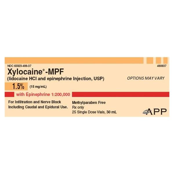 Xylocaine MPF w/Epinephrine Injection 1.5% 1:200,000 PF SDV 10mL 25/Package