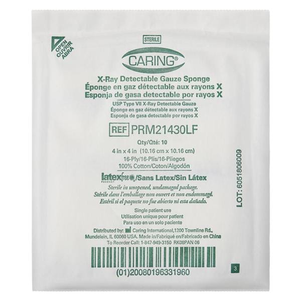Caring Cotton Gauze Sponge 4x4" 16 Ply Sterile X-Ray Detectable LF