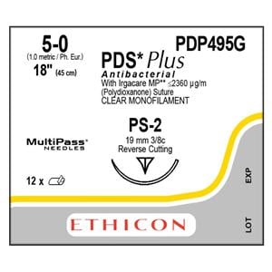 PDS Plus Suture 5-0 18" Triclosan, Polydioxanone Monofilament PS-2 Undyed 12/Bx