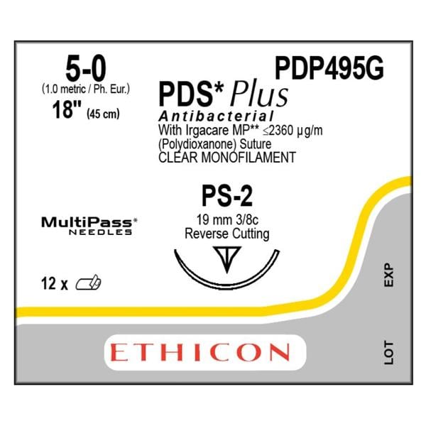 PDS Plus Suture 5-0 18" Triclosan, Polydioxanone Monofilament PS-2 Undyed 12/Bx