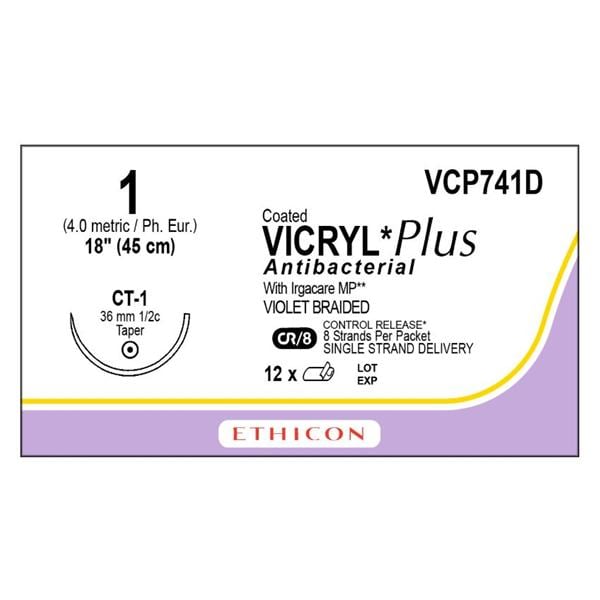 Coated Vicryl Plus Suture 1-0 18" Triclosan/Polyglactin 910 Braid CT-1 Vio 12/Bx