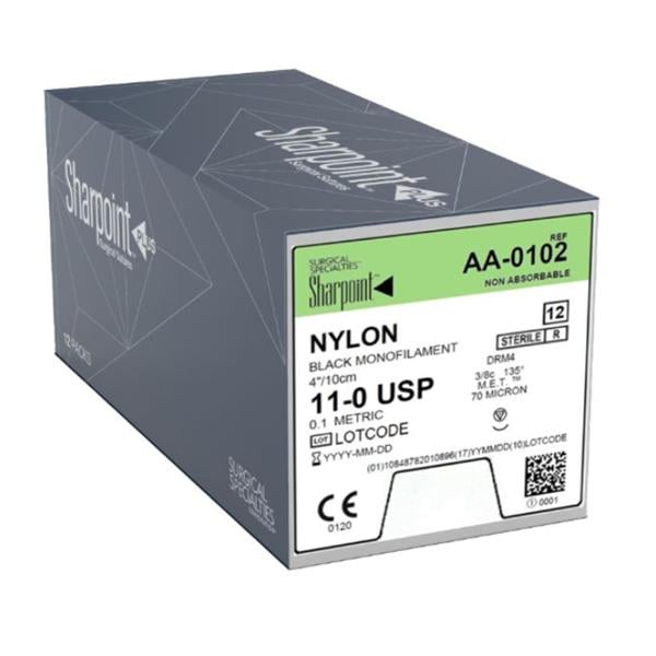 Sharpoint Suture 11-0 4" Nylon Monofilament DRM4 Black 12/Bx