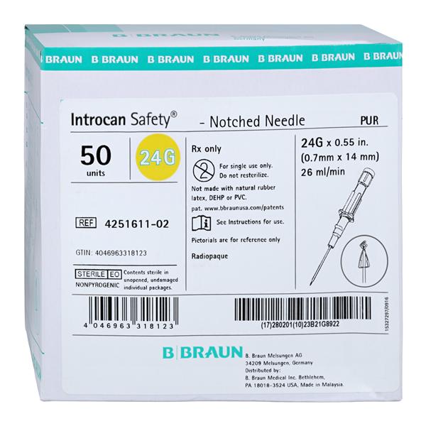 Introcan Safety IV Catheter Safety 24 Gauge 0.55" Yellow Straight 50/Bx, 4 BX/CA