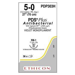 PDS Plus Suture 5-0 27" Triclosan, Polydioxanone Monofilament RB-1 Violet 36/Bx