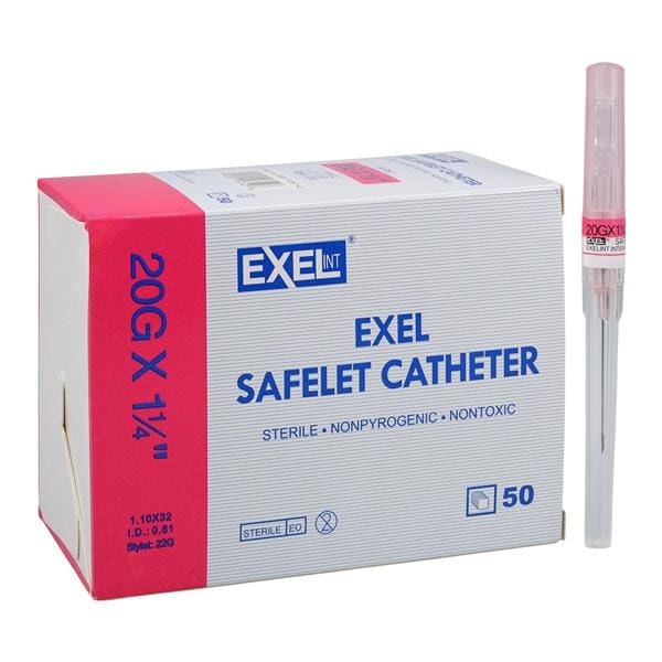 Safelet IV Catheter Safety 20 Gauge 1-1/4" Pink 50/Bx, 4 BX/CA