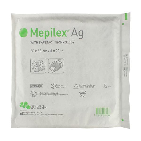 Mepilex Ag Polyurethane Foam Dressing 8x20" Sterile Mildly Adhesive Gntl Adh LF, 5 BX/CA