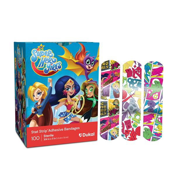 Stat Strip Adhesive Bandage Plastic 3/4x3" SuperHero Girls Sterile 100/Bx, 12 BX/CA