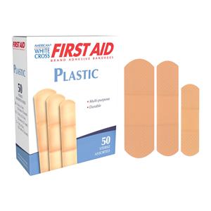 American White Cross Adhesive Bandage Plastic Assorted Sizes Tan Sterile 50/BX