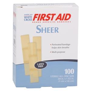 American White Cross Adhesive Bandage Plastic 3/8x1-1/2" Sheer Sterile 100/Bx, 24 BX/CA