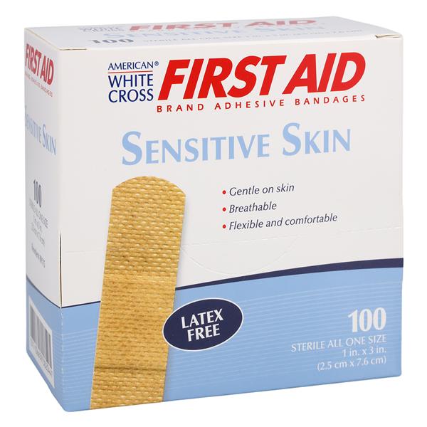 American White Cross Sensitive Skin Bandage Fabric 1x3" White Sterile 100/Bx, 12 BX/CA