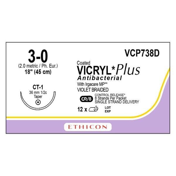 Coated Vicryl Plus Suture 3-0 18" Triclosan/Polyglactin 910 Braid CT-1 Vio 12/Bx