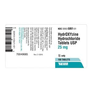 Hydroxyzine HCl Tablets 25mg Bottle 500/Bottle Each