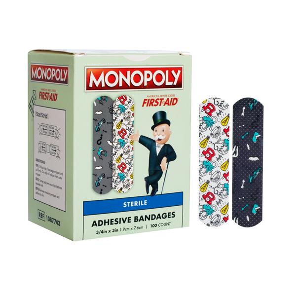 American White Cross Adhesive Strip Bandage Plastic 3/4x3" Monopoly Strl 100/Bx, 12 BX/CA