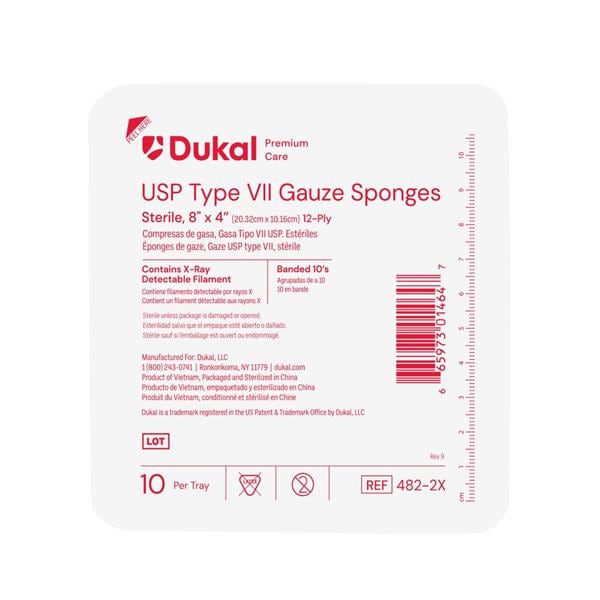 100% Cotton Gauze Type VII Sponge 8x4" 12 Ply X-Ray Detectable LF, 48 BG/CA