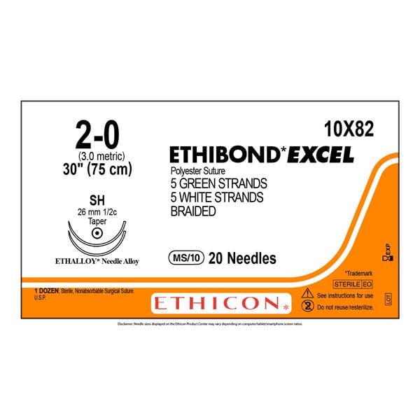 Ethibond Excel Suture 2-0 30" Polyester Braid SH Green/White 6/Bx