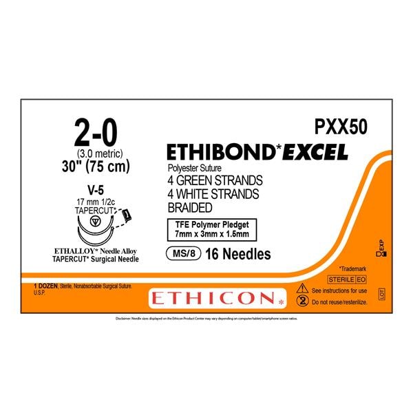Ethibond Excel Suture 2-0 30" Polyester Braid V-5 Green/White 6/BX