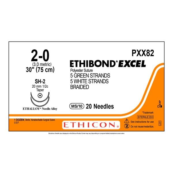 Ethibond Excel Suture 2-0 30" Polyester Braid SH-2 Green/White 6/Bx