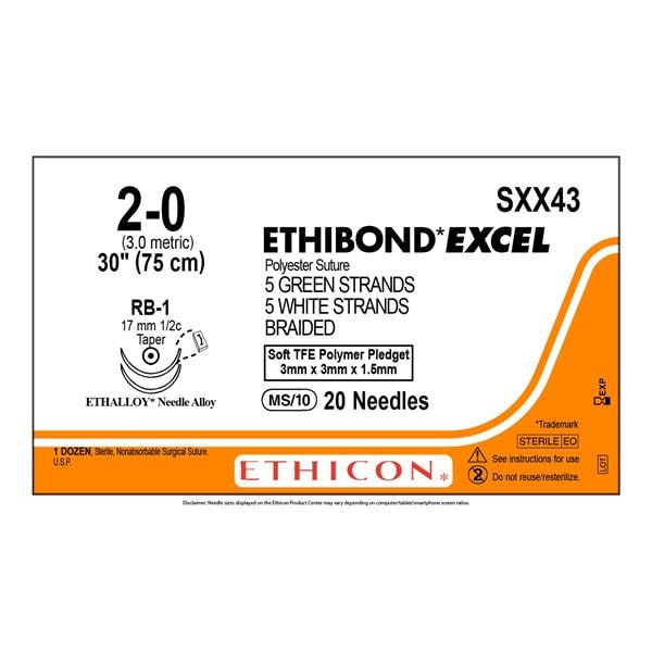 Ethibond Excel Suture 2-0 30" Polyester Braid RB-1 Green/White 6/Bx