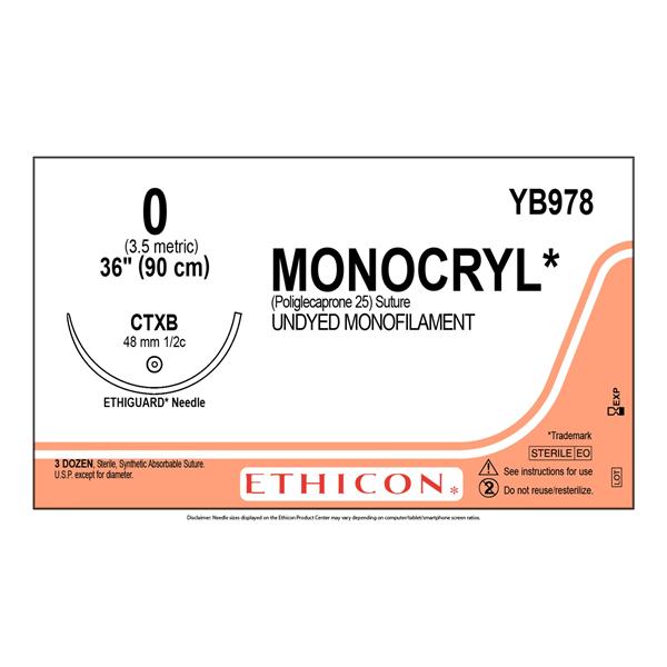 Monocryl Suture 0 36" Poliglecaprone 25 Monofilament CTXB Undyed 36/Bx