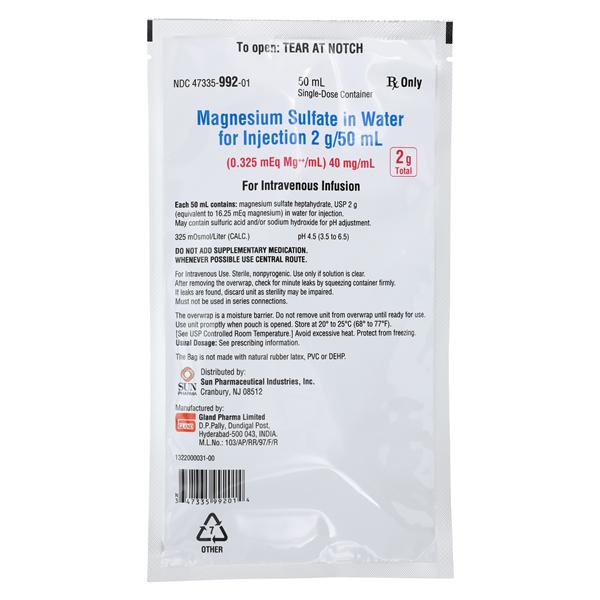 Magnesium Sulfate in Water Injection 40mg/mL 2gm Bag 50mL 24/Pack...