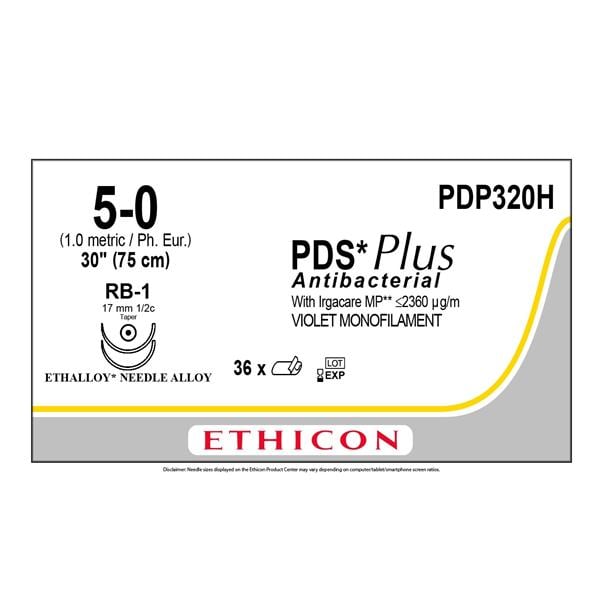 PDS Plus Suture 5-0 30" Polydioxanone/Triclosan Monofilament RB-1 Violet 36/Bx