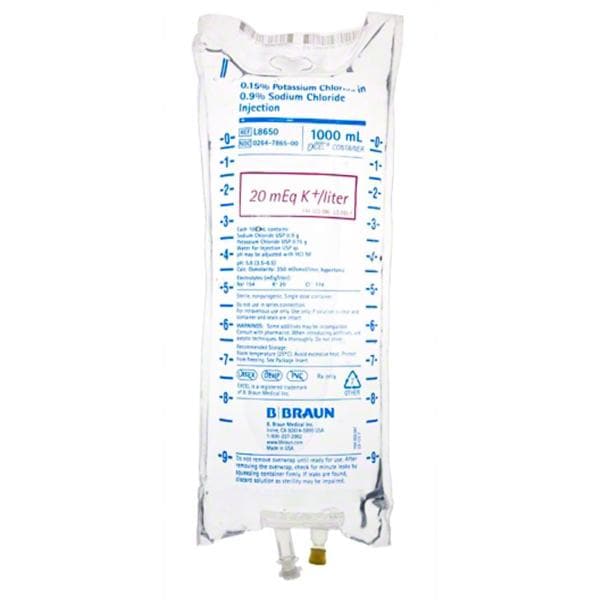 Potassium Chloride in 0.9% Sodium Chloride Injection 20mEq Bag 1000mL 12/Package