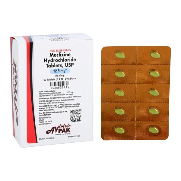 Meclizine HCl Tablets 12.5mg Unit Dose Box 50/Package Each