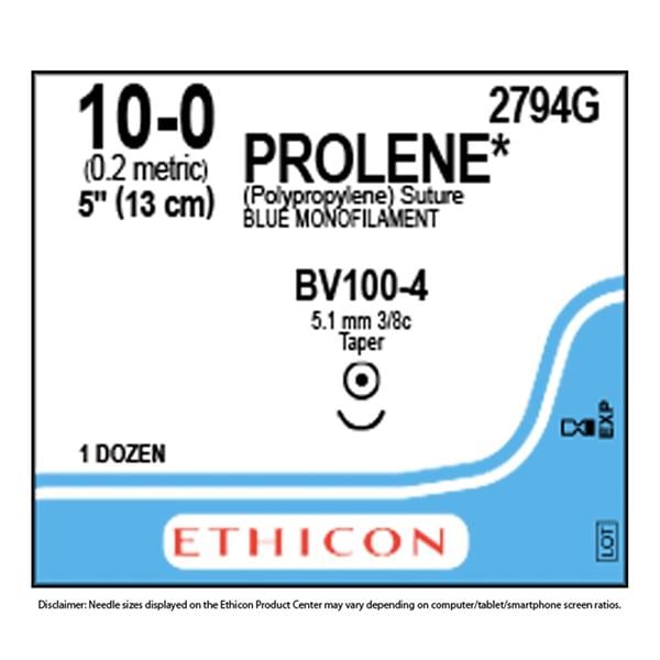 Suture 10-0 5" / 13cm Monofilament Polypropylene BV100-4 Blue 12/Bx
