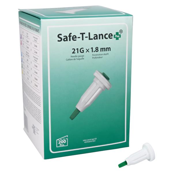 Safe-T-Lance Incision Device Lancet 21gx1.8mm Safety Green Medium Flow 200/Bx, 10 BX/CA
