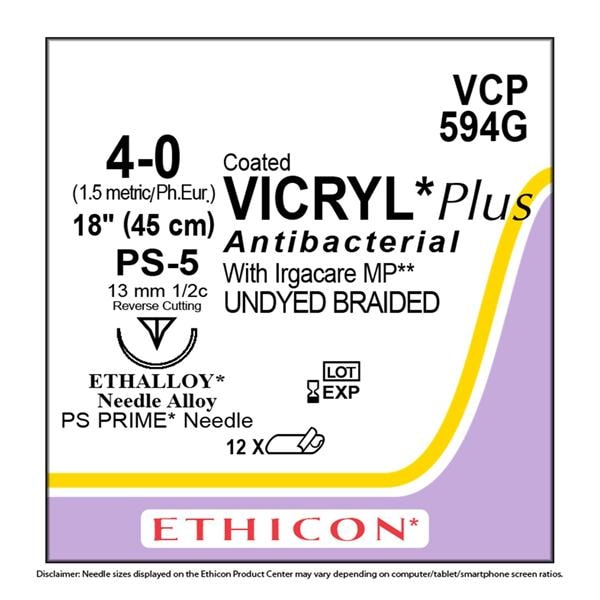Coated Vicryl Plus Suture 4-0 18" Triclosan, Polyglactin 910 PS-5 12/Bx