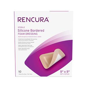 Rencura Silicone/Foam Bordered Dressing 5x5" Sterile Square White/Tan Spr Abs, 10 BX/CA