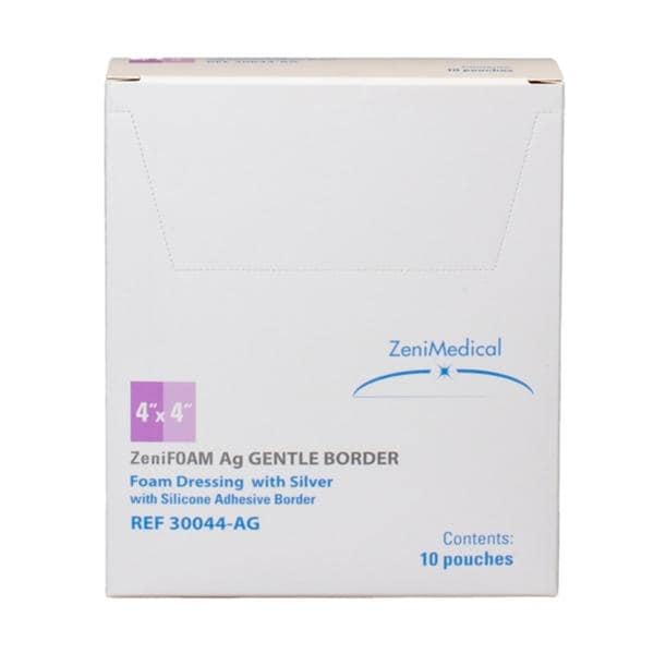 ZeniFOAM Ag GENTLE BORDER PU Fm Wound Dressing 4x4 Strl Sq Slcn Adh NAdh Tn