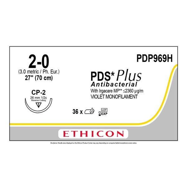 PDS Plus Suture 2-0 27" Triclosan, Polydioxanone Monofilament CP-2 Violet 36/Bx