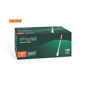 Droplet Insulin Syringe/Needle 31gx6mm 1mL Protective Cap Low Dead Space 100/Bx