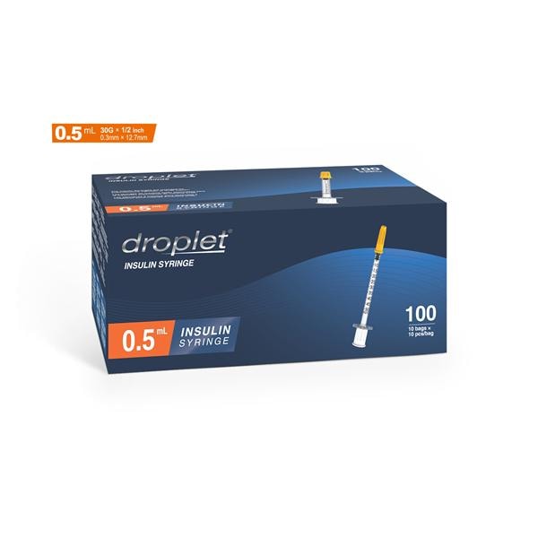 Droplet Insulin Syringe/Needle 30gx12.7mm 0.5mL Protective Cap LDS 100/Bx
