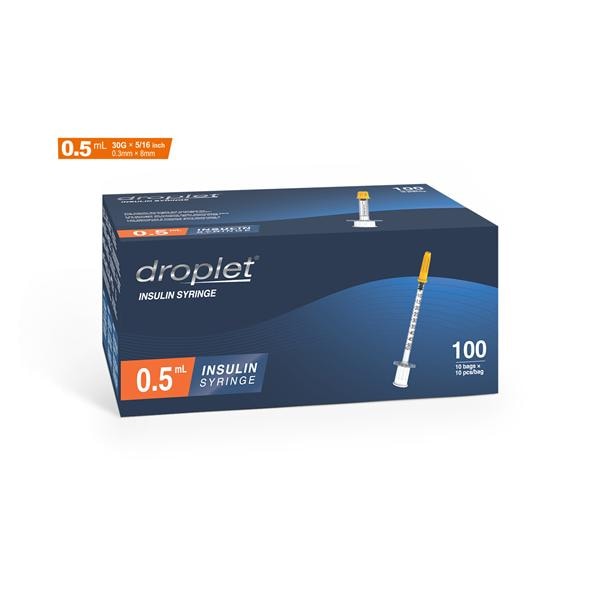 Droplet Insulin Syringe/Needle 30gx8mm 0.5mL Protective Cap LDS 100/Bx
