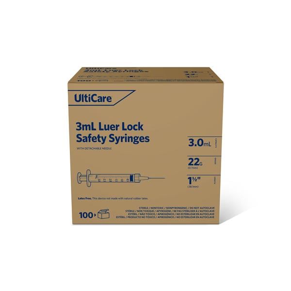 UltiCare Luer Lock Syringe/Needle 22gx1-1/2" 3mL Detachable Sfty Shld LDS 400/Ca