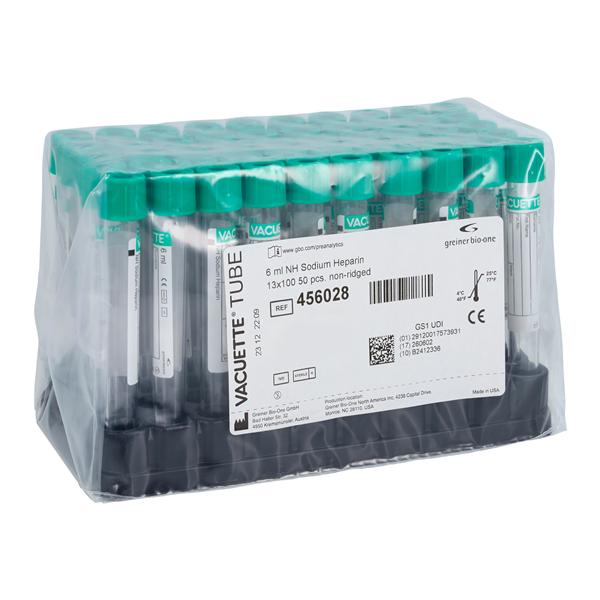 Vacuette Blood Collection Tube Green Cap Sodium Heparin 6mL 50/Pk, 24 PK/CA
