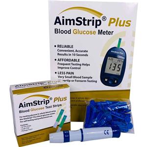 AimStrip Plus Blood Glucose Meter Starter Pack CLIA Wvd w/ 10 Lnct/Cry Cs/Man Ea