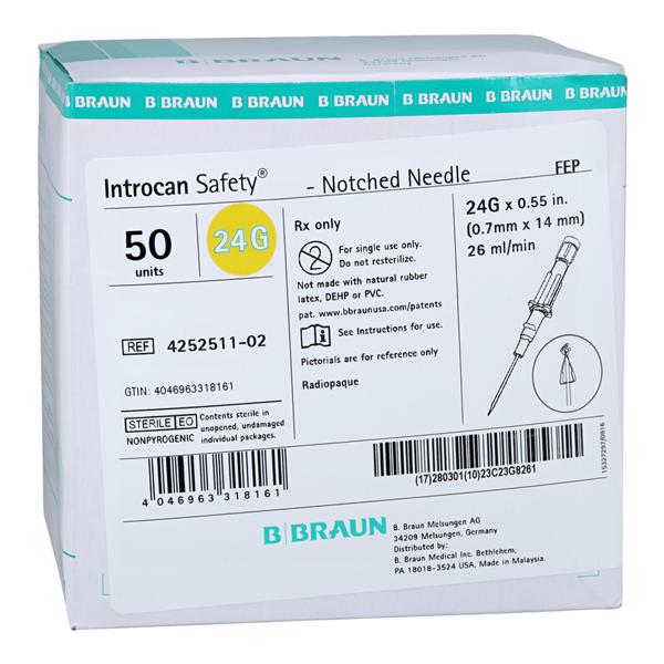 Introcan Safety IV Catheter Safety 24 Gauge 0.55" Yellow Straight 50/Bx, 4 BX/CA