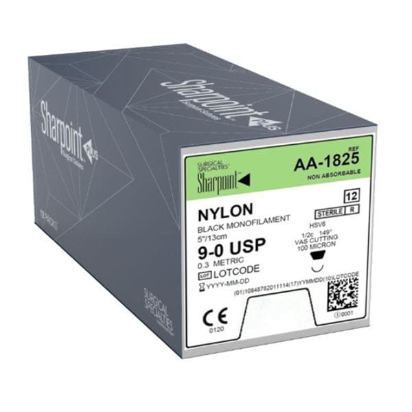 Sharpoint Suture 9-0 5" Nylon Monofilament HSV6 Black 12/Bx